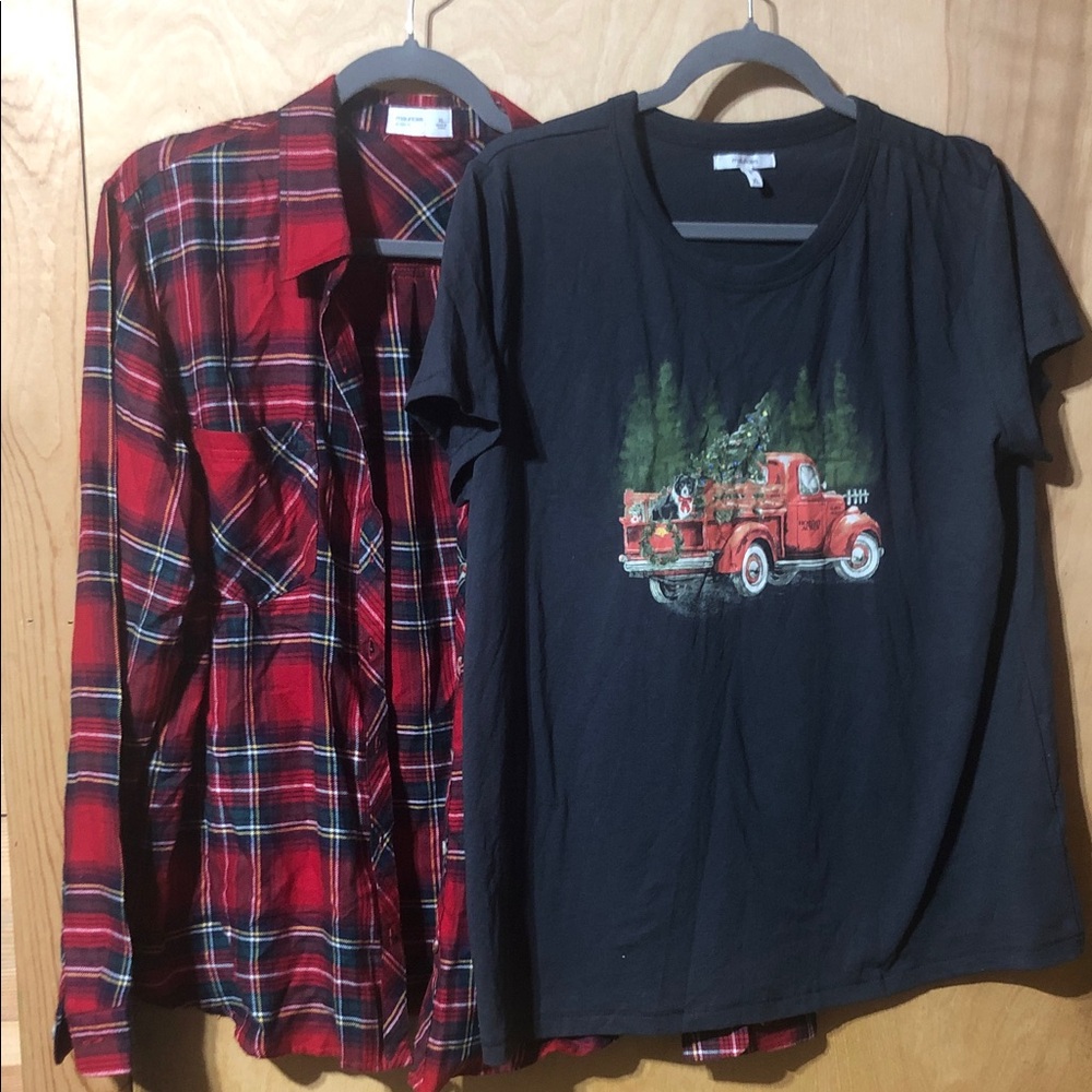 Maurice’s Red Plaid and Black flannel and Graphic dog Christmas Shirt Set Xl